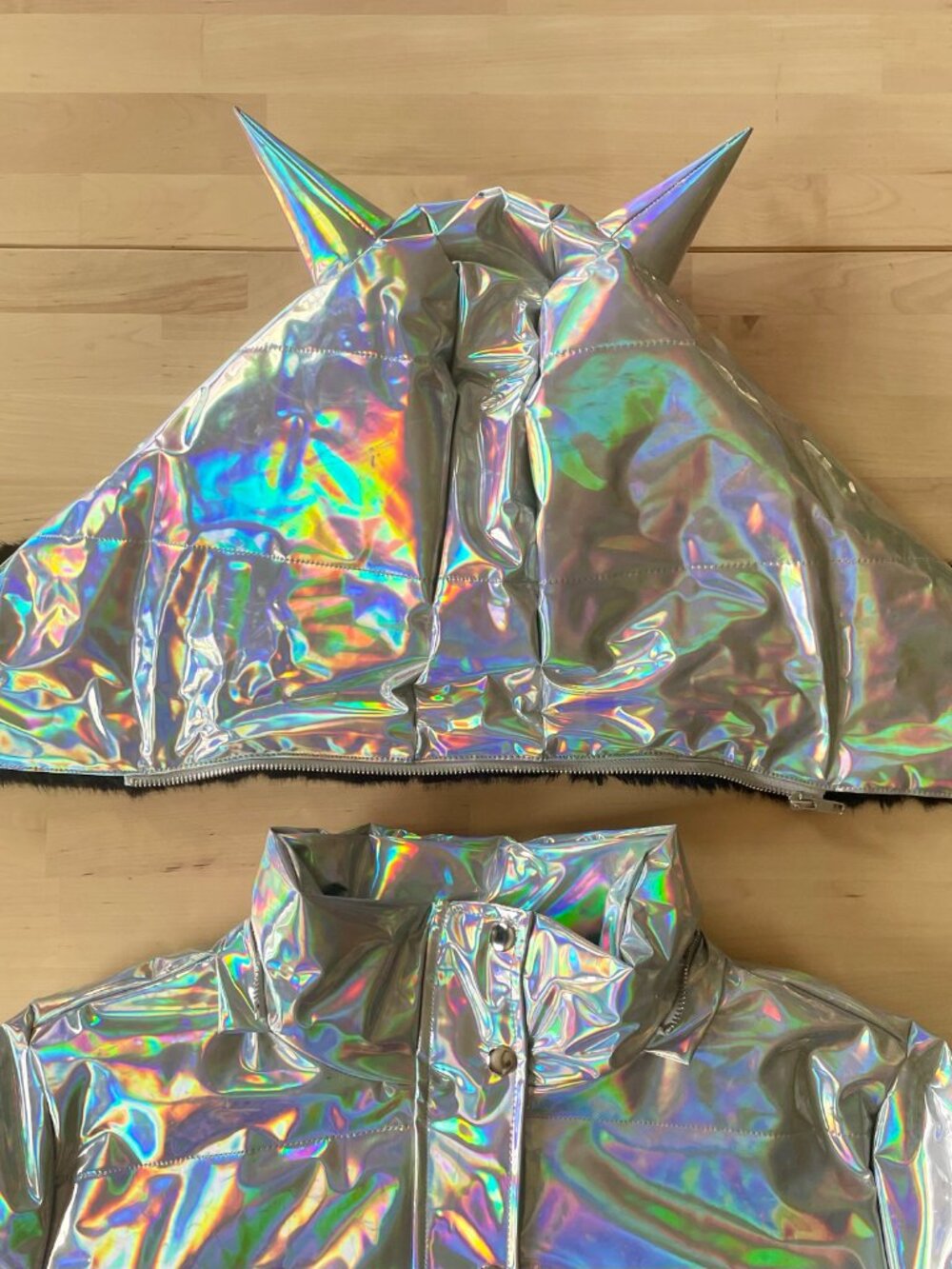 Dolls Kill Club EXX Women's Iridescent Puffer Jacket w/ Horned Hood size SM NWOT - Picture 11 of 13